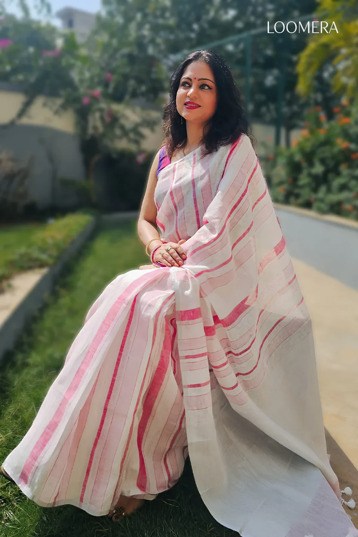 White and Pink Linen Formal Saree